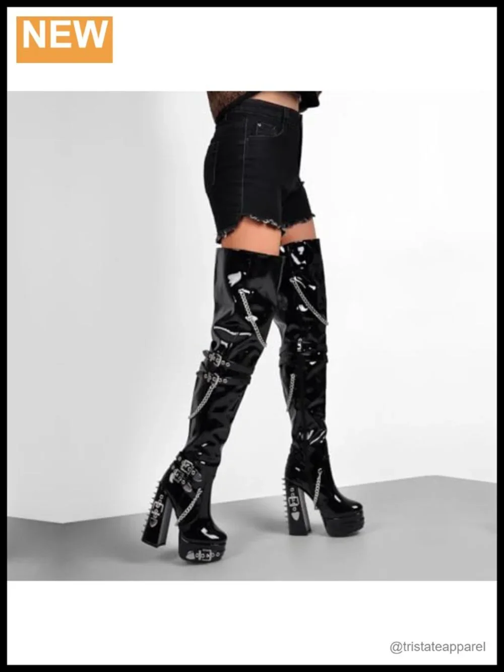 Over Knee Block Heel Boots Wide Calf Side Zip Rivet Chain Motorcycle